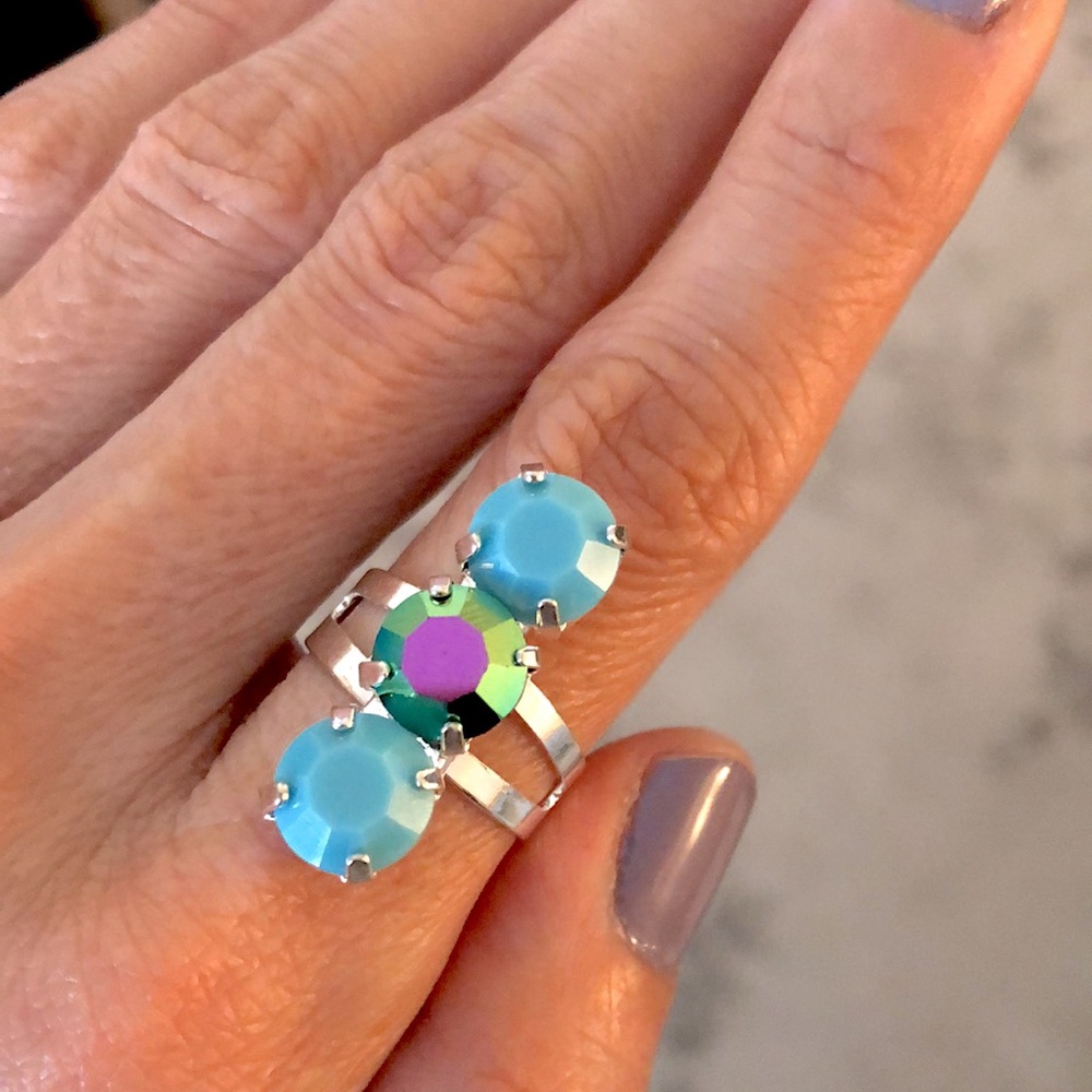 Turquoise + Peacock Teal Silver Crystal Statement Ring - Picture 4 of 10